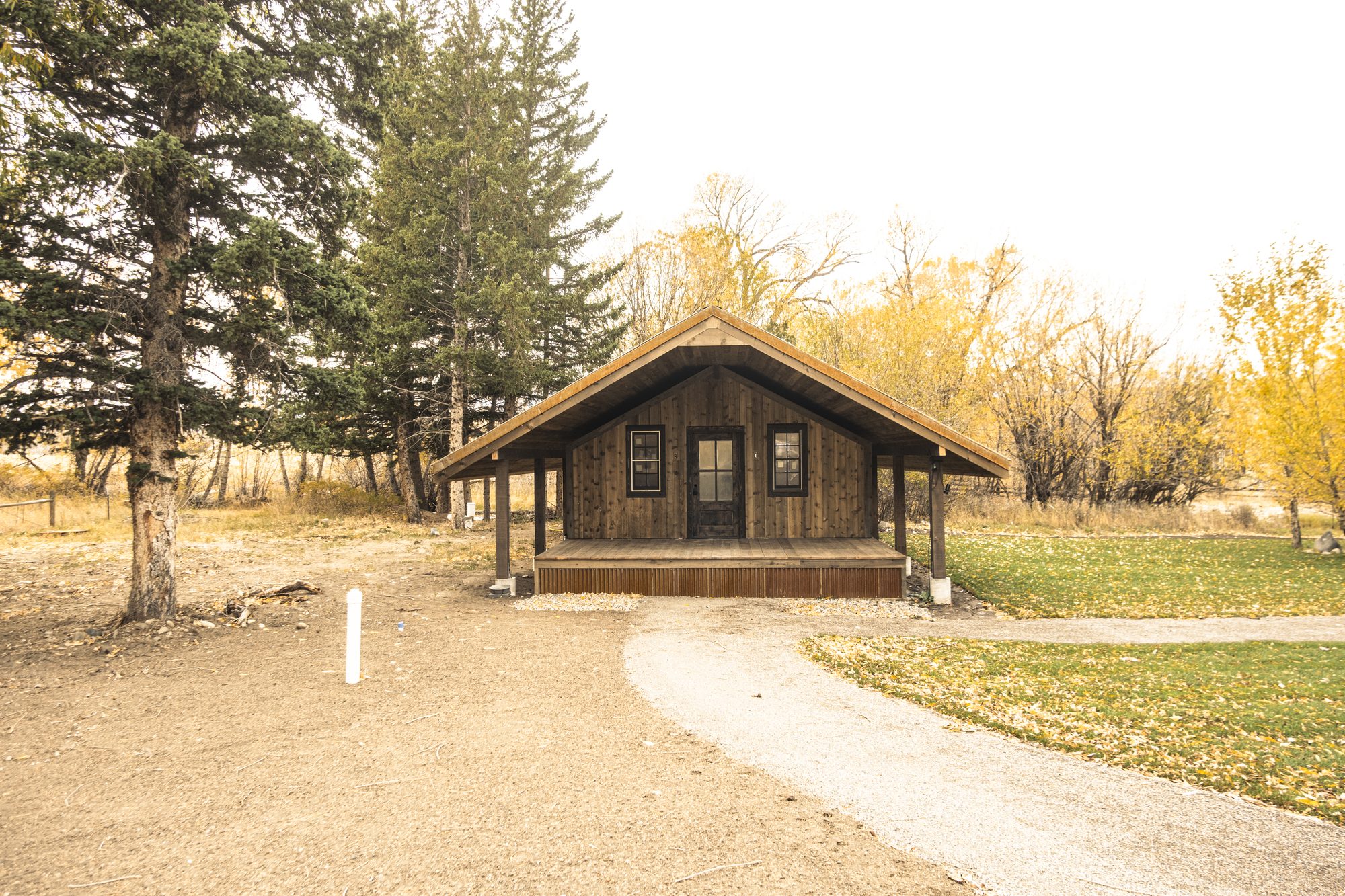 A rustic cabin nestled among pines and autumn cottonwoods